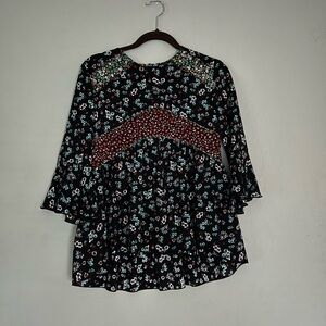 zara basic black flower multi print blouse sz xs quarter length sleeves